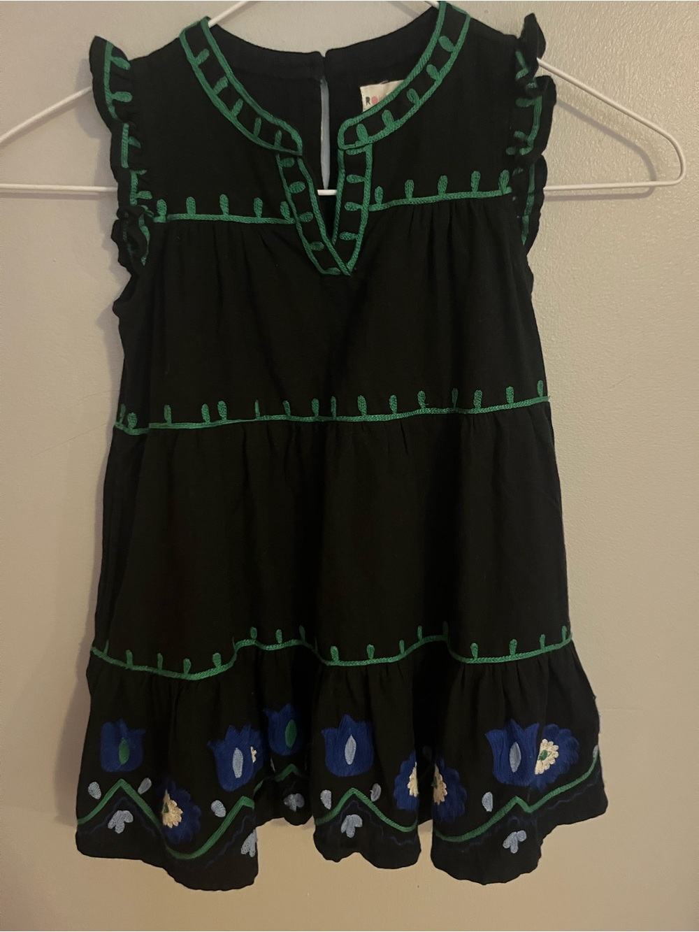 Roller Rabbit Black Tiered Dress with Green Trim and Blue Floral Hem